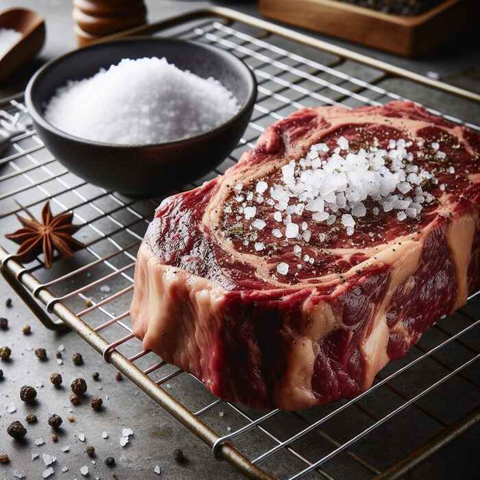 A Steak on a rack with salt on top