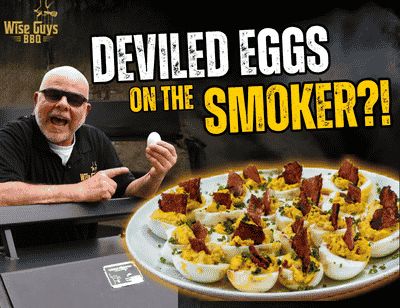 BBQ host in sunglasses presents a platter of deviled eggs on a smoker, with the bold title 'Deviled eggs on the smoker?!'