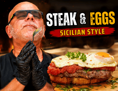 Chef wearing gloves and sunglasses prays before a steak and eggs dish; bold title reads 'Steak & Eggs Sicilian Style' in the background.