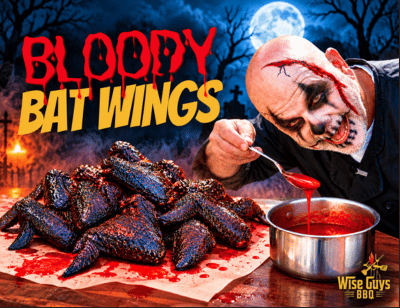 Promotional image for 'Bloody Bat Wings' showing a zombie chef spooning red sauce onto a plate of blackened bat wings with a full moon and spooky backdrop.